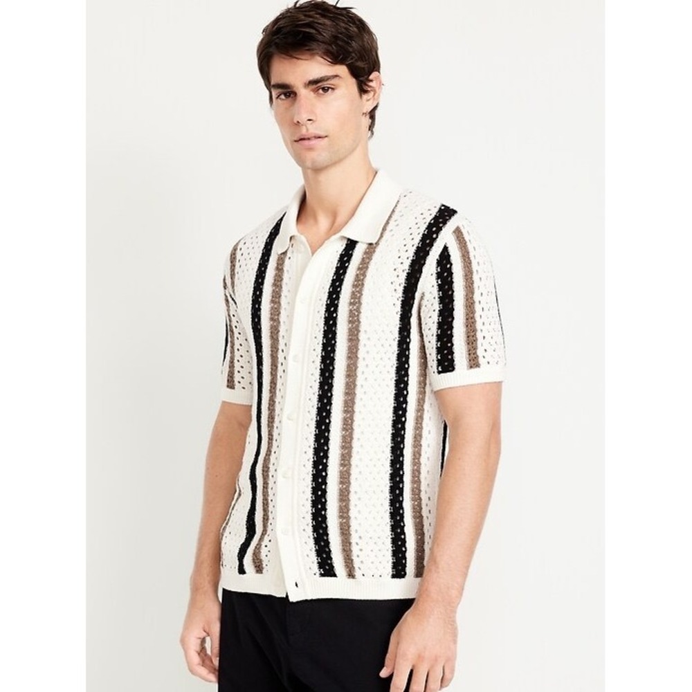 Old Navy Knit Camp Shirt Short Sleeve Button Up White Resort Crochet Stripe